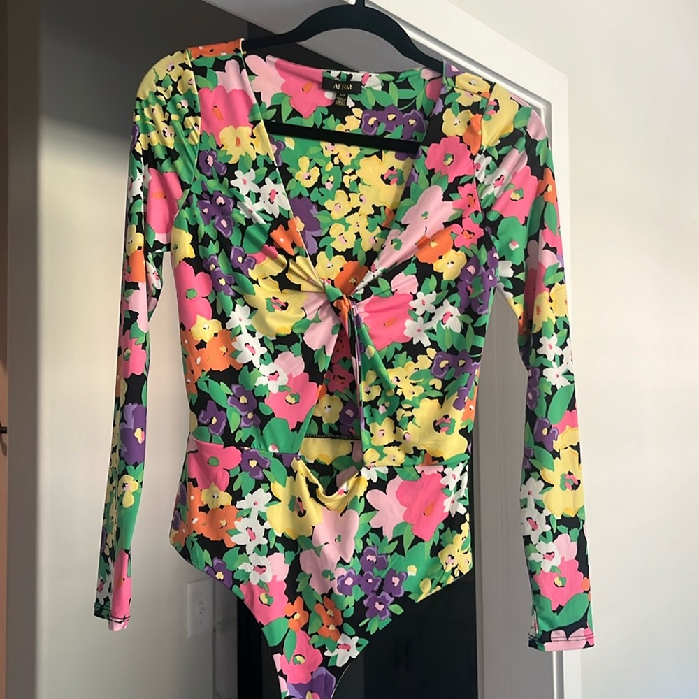 AFRM Floral Long Sleeve Tie-Front Bodysuit in Pink Green Yellow Purple